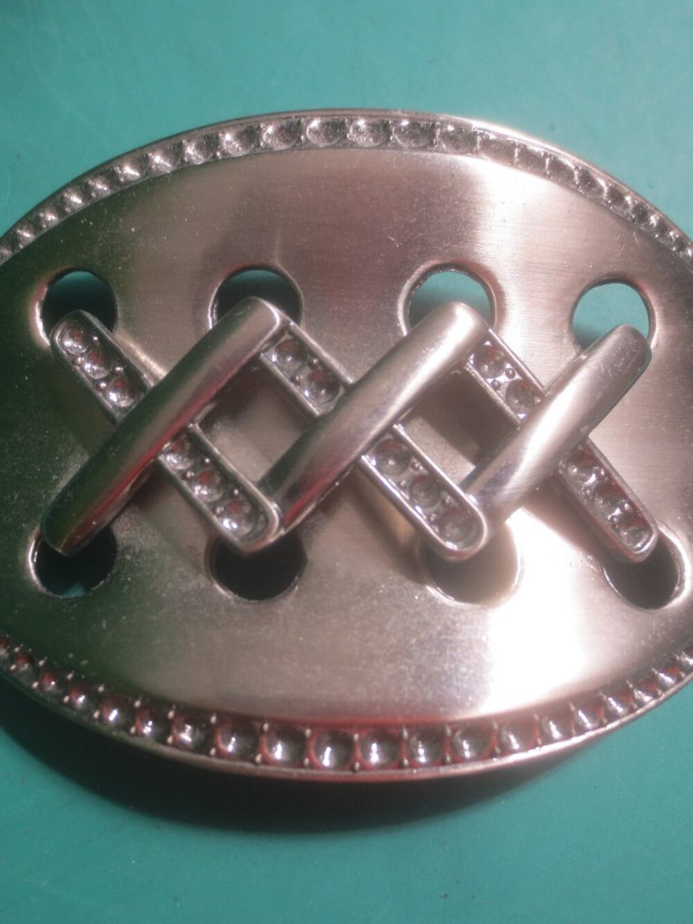 Brand New Brushed Stainless Steel Curved Oval X-Stitched Design Belt Buckle